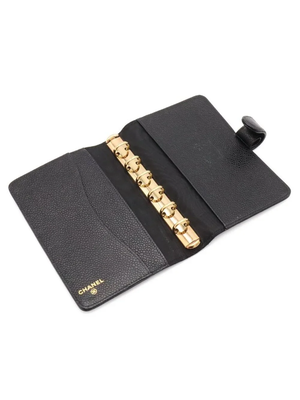 Chanel CC Logo Agenda Notebook Cover Hole System Caviar Leather Black Gold